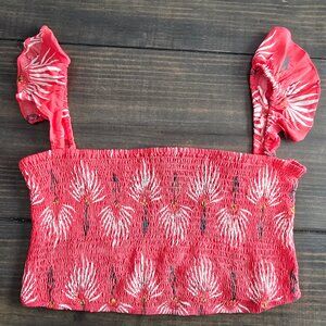 Lulus Trancoso XL Red Floral Smocked Crop Top Off The Shoulder Flounce Sleeve